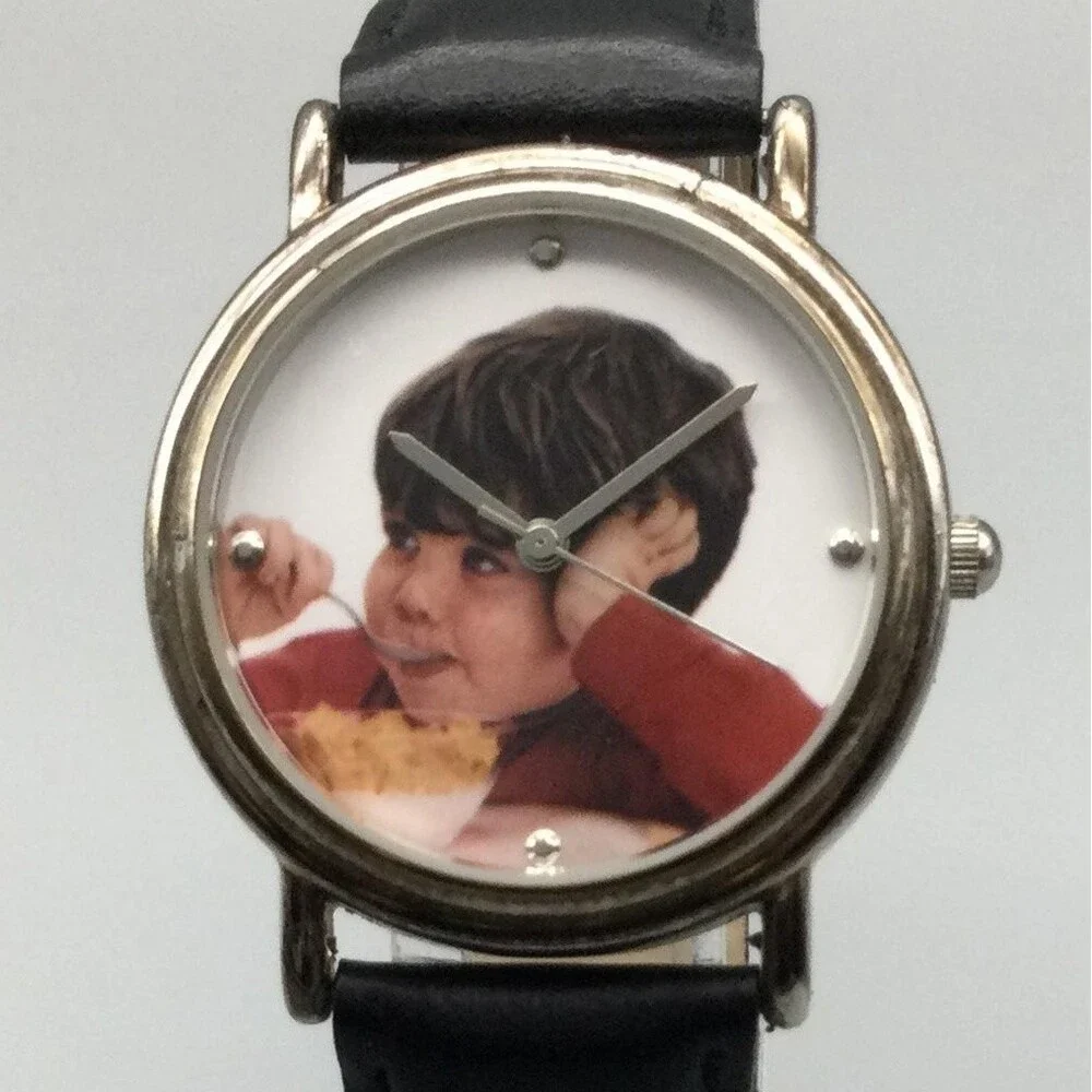 Life Cereal 2000 Men Watch 34mm Silver Tone He Likes It Hey Mikey Black Leather